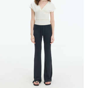 Wholesale Solid Color Knitted Low Waist Micro Flare Slim Casual <b>Pants</b> for Women Soft Stretch Knit Drawstring Lounge Trousers - Product Image 4