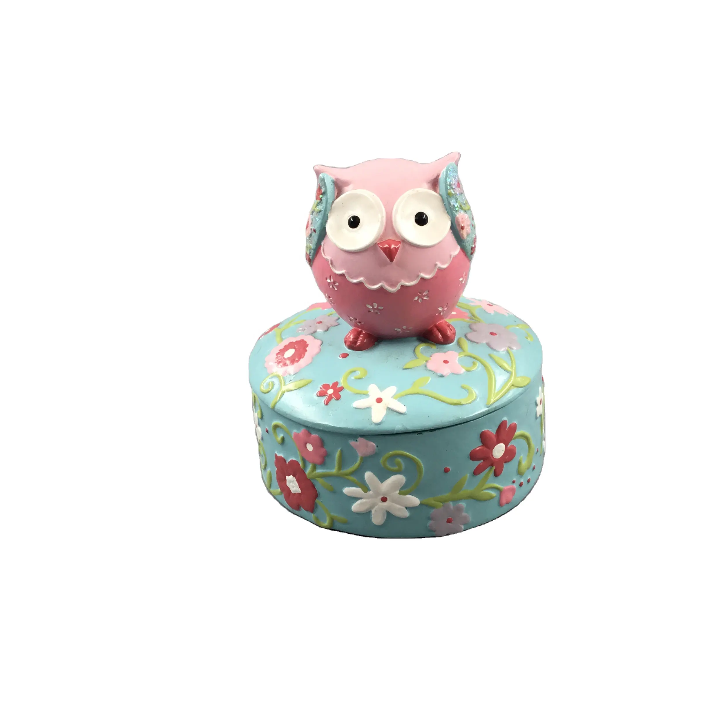 polyresin pink owl with flower blue trinket box hand paint resin jewelry box