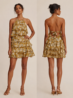 Nouvelle Arrivée Été 2026 USA Australie : Robe Mini Jaune Moutarde à Motifs Floraux, Col Halter et Dos Nu à Nouer