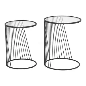 丸い入れ子テーブルコーティングされた入れ子テーブルガラストップ鉄棒テーブル黒コーティングされた家の装飾金属家具