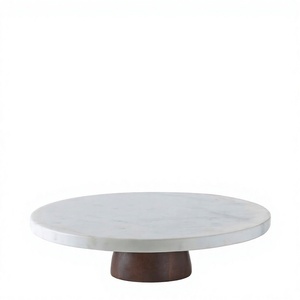 Luxury Round Marble <b>Cake</b> <b>Stand</b> with Wood Base Circle Dessert Display Pedestal Handmade for Home Party Use - Product Image 1