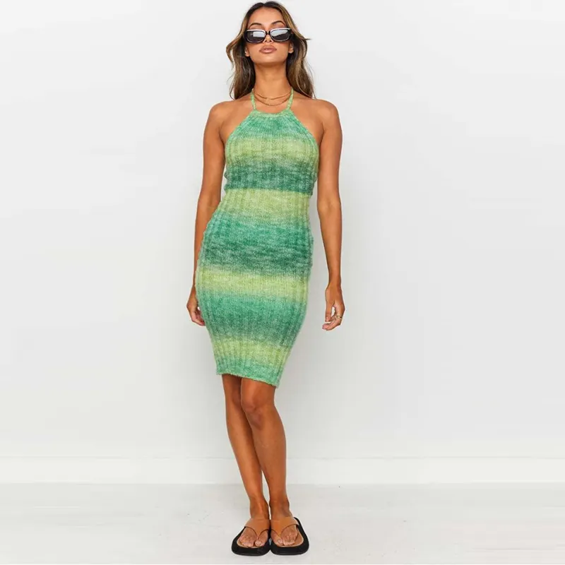 2021 패션 숙녀 녹색 늑골이있는 레이스 가장자리 맥시 니트 스웨터 드레스
