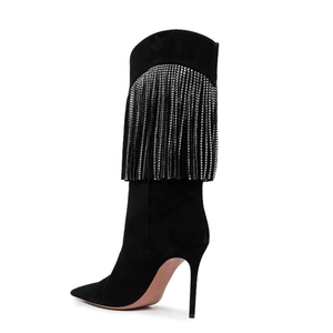 Luxury Diamonds Tassels Women Custom Knee High Boots Sexy Pointy Toe Stiletto Heels <b>Shoes</b> Fancy Suede Long Women Booties - Product Image 5