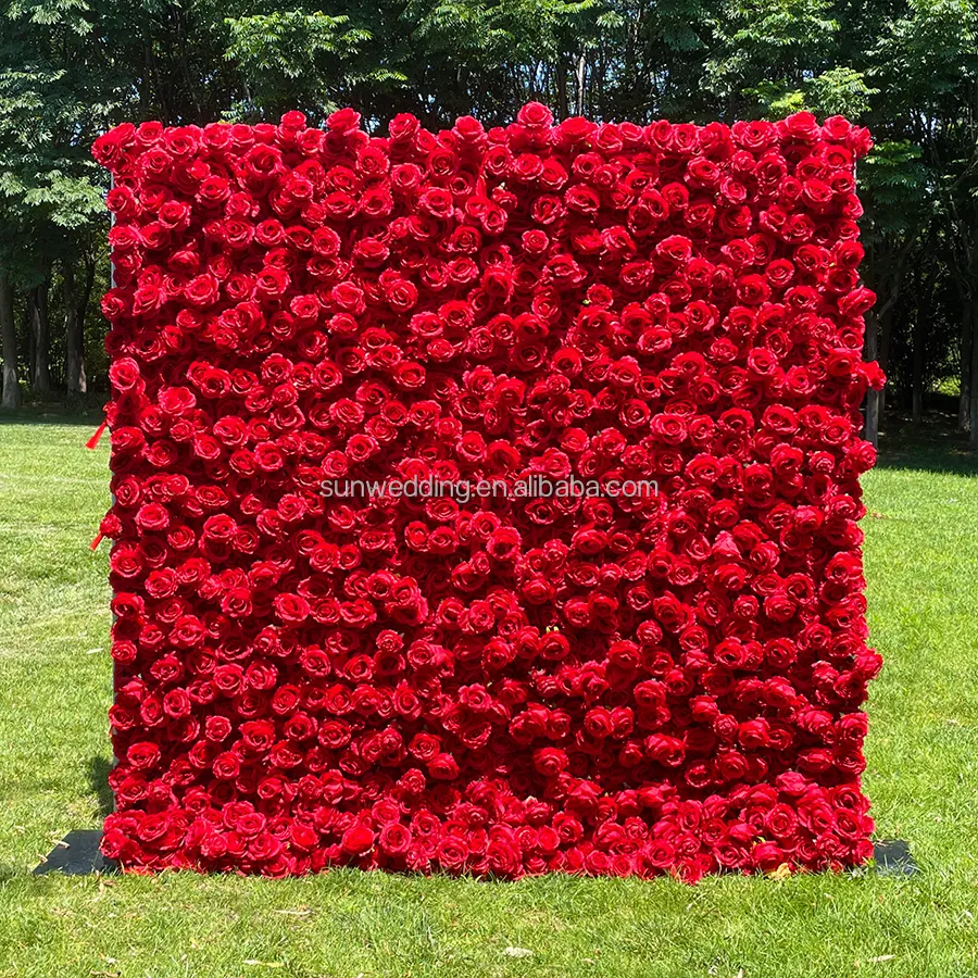 Sunwedding Silk 3D Artificial Flower Wall For Wedding Decoration Cloth Back Roll Up Red Rose Flower Wall