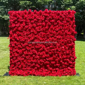 Sunwedding Mur de fleurs artificielles en soie 3D pour décoration de mariage Mur de fleurs roses rouges enroulées à l'arrière