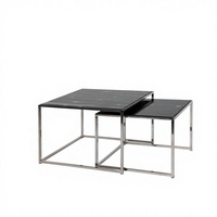 Ensemble de tables basses gigognes 2 pièces modernes et minimalistes, hauteur réglable, structure en acier inoxydable poli, plateau en verre trempé noir