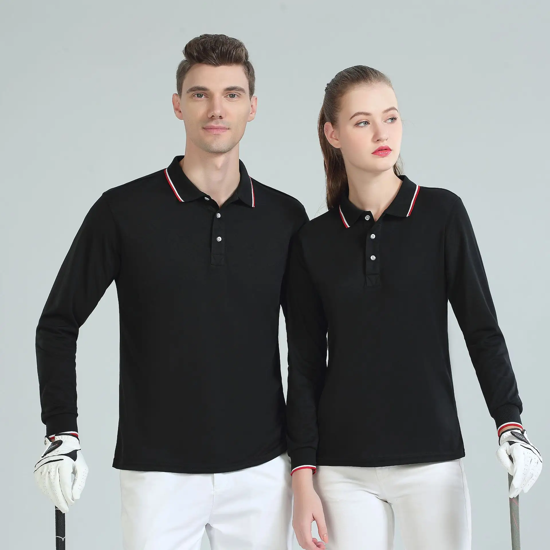 เสื้อยืดโปโลแขนยาวยูนิเซ็กส์เสื้อโปโลผ้าฝ้ายออกแบบโลโก้ได้ตามต้องการสำหรับกีฬากอล์ฟแขนยาว