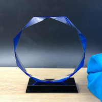 Trophée en verre cristal K9 vierge, design personnalisé, gravure, plaque de trophée ronde bleue en forme d'octogone