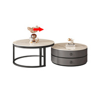Table basse moderne en acier inoxydable avec plateau en dalle de roche ronde, rangement et fonction extensible pour le mobilier de salon