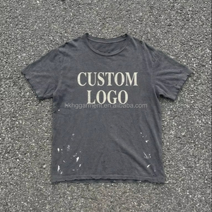 T-shirt vintage gris délavé effet acide, coupe ample, effet peinture blanche, trous, coton surdimensionné pour homme - Product Image 1