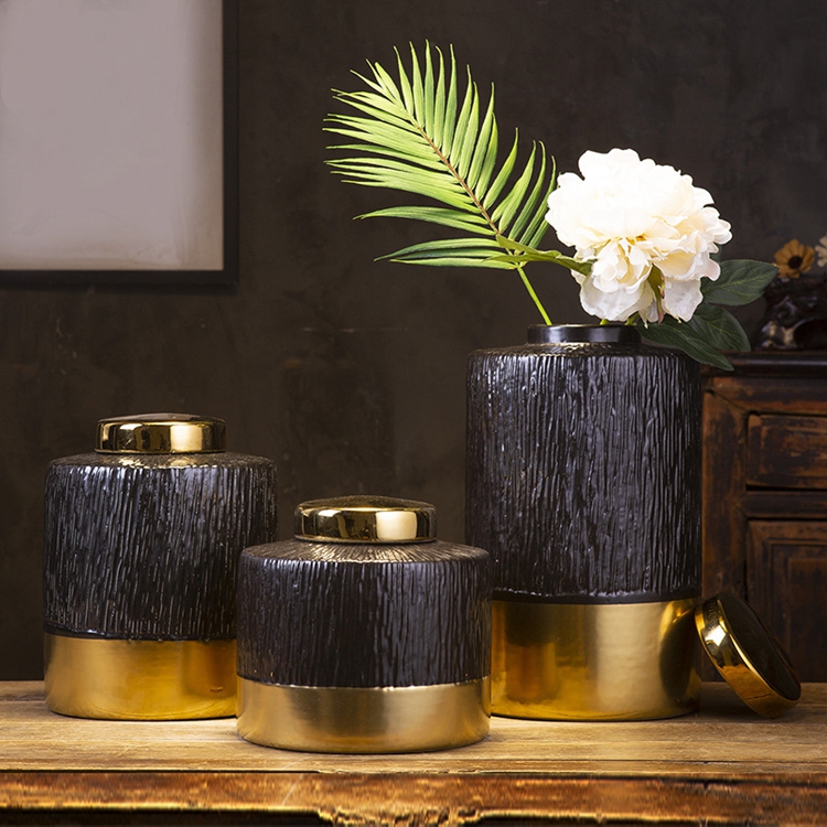 New style living room dry flower decoration gold edged black ceramic vase