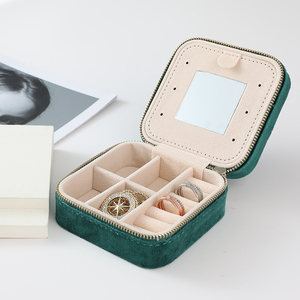 Boîte à bijoux portable de forme carrée, élégante, avec logo personnalisé, fermeture éclair, boîte de rangement pour bijoux en velours, avec miroir - Product Image 5