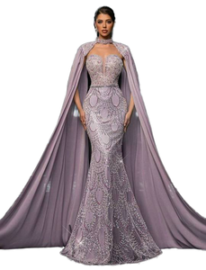 Vestidos de Noche Brillantes con Cuentas y Pedrería, <span class=keywords><strong>Vestido</strong></span> de Gala Africano Aso Ebi Árabe con Capa de Cristal y Mangas de Organza sin <span class=keywords><strong>Espalda</strong></span> - Product Image 3