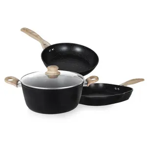 Offre Spéciale cuisine Maifan Pierre en aluminium Antiadhésif marbre revêtement batterie de cuisine avec en bois poignée soft touch