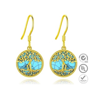 แฟชั่น 925 เงินสเตอร์ลิง 18K Gold Platedเครื่องประดับรอบหินเทอร์ควอยซ์ต้นไม้ของชีวิตที่สวยงามDropต่างหูผู้หญิง - Product Image 1
