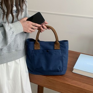 <b>Canvas</b> <b>Tote</b> Bag For Women Off White Navy Blue Solid Color Zippered Pocket Everyday Use Spring 2024 - Product Image 3