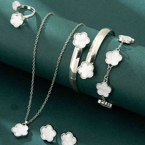 5Pcs Five Petal Flower Jewelry <b>Set</b> Alloy Necklace Bracelet <b>Bangle</b> Earring Ring Floral Stackable Daily Women Jewelry - Product Image 2