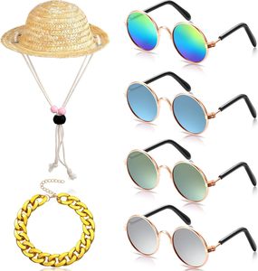 Accessoires amusants pour animaux de compagnie : Ensemble de lunettes rondes pour <span class=keywords><strong>chat</strong></span> et chien, lunettes de soleil métalliques pour animaux de compagnie et <span class=keywords><strong>chapeau</strong></span> de paille d'été pour animaux de compagnie avec collier à chaîne dorée factice - Product Image 2