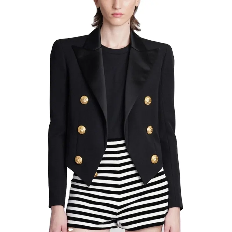 Short Black Street Wear Trendy Design Senior Ladies Suit Blazer Top For Spring And Autumn