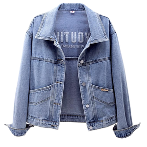 Chaquetas de Mezclilla Lavada Azul de Alta Calidad, Manga Larga, Casuales, con Cinturón, Botones con Diamantes, Recortes, Estampado, Tallas Grandes para Mujer, 100% Orgánico - Product Image 1