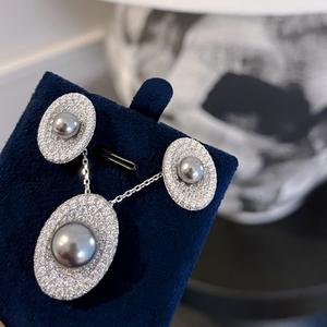 S925 Sterling Silver Tahiti Shijia Grey <b>Pearl</b> Full Diamond <b>Necklace</b> Ring <b>Earrings</b> <b>Set</b> for Women Elegant Temperament Fine Jewelry - Product Image 5