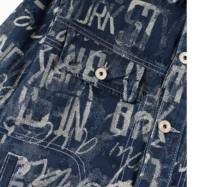 Veste en jean pour homme à imprimé graffiti, style streetwear, col mandarin, coupe ample et oversize, effet délavé