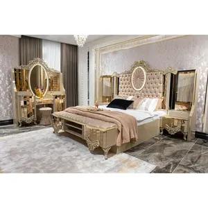 Turkish Luxury Royal King Size Bedroom Sets Elegant Super Size Turkish Style Gold Mirrored Led Lighted Glossy Classical Bedroom