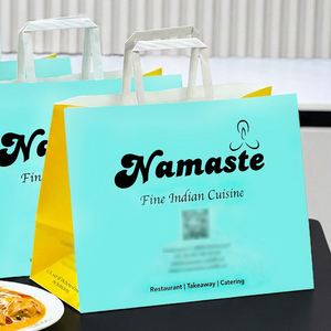 Custom Printed Logo Eco-Friendly Disposable Recyclable Biodegradable Kraft Paper <b>Bags</b> Flat Handles for Indian Cuisine Restaurant - Product Image 3