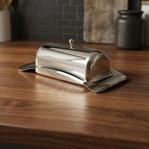 Plat à beurre ovale en acier inoxydable avec couvercle rabattable, design minimaliste, vaisselle de cuisine, compatible lave-vaisselle, préservation de la fraîcheur - Product Image 2