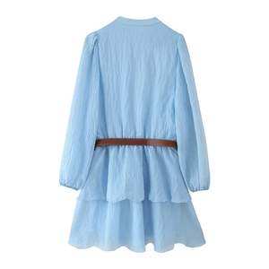 Robe courte décontractée en A-line pour femmes, à manches longues, à col en V, boutonnée, bleue, estivale, naturelle, respirante, tendance - Product Image 3