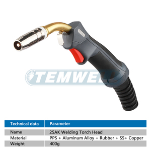 Tête de torche de soudage en cuivre TEMWELL 25AK, ensemble frontal complet pour pistolet MIG/MAG refroidi par air, 250A, cycle de service 60%, fil de 0,6-1,2 mm - Product Image 2