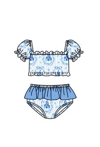 S0762 Maillot de bain personnalisé pour petite fille active, imprimé tortue bleue, vente en gros, ensemble 2 pièces à manches courtes - Product Image 5