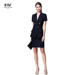 2021 Wholesale Customized Skirt Uniform Dark Navy color Slim Fit Blazer for Ladies Office Short Sleeve Women's Suits