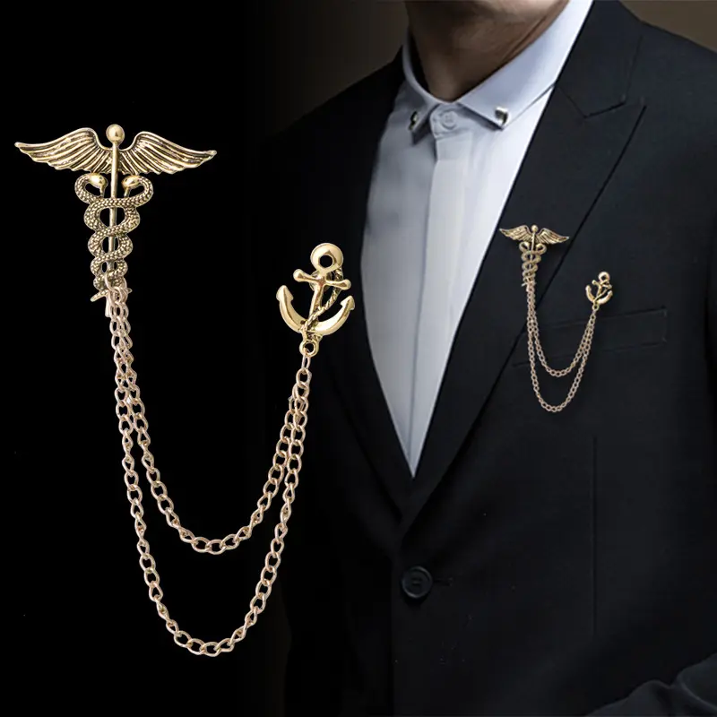 Alta calidad retro Zodiaco serpiente Ángel alas ancla joyería aleación cadena borla broche médico para hombres