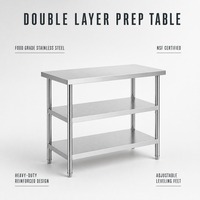Table de préparation commerciale en acier inoxydable de qualité alimentaire certifiée NSF, double couche, 120x60x100cm, robuste, pour restaurant