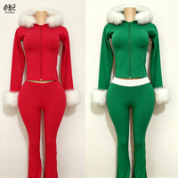 Nouvel ensemble de survêtement pour femme, hiver, Noël, imprimé léopard, fausse fourrure, à capuche, 2 pièces, sweat à capuche court zippé + pantalon évasé coordonné