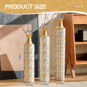 Ensemble de 3 vases décoratifs en métal, 24, 28 et 32,3 pouces, motif feuille d'or, blanc et or, grands vases sur pied pour la décoration de la maison et du salon - Product Image 3