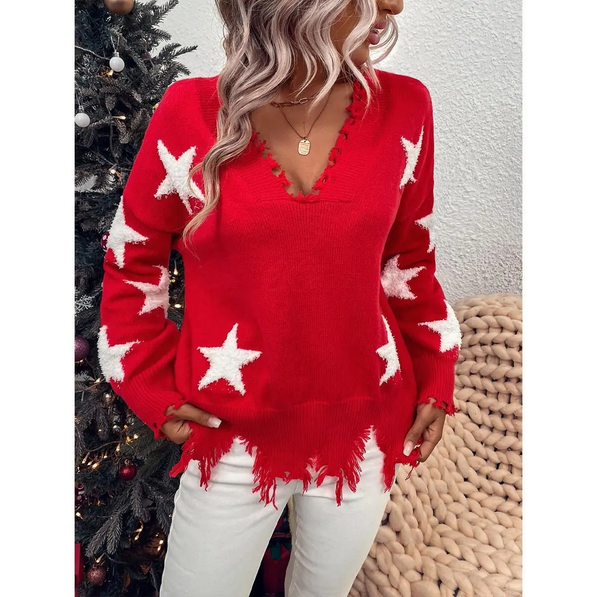 Knitted Pullover Christmas Jumper V Neck Star Red New Year Xmas Sweaters Custom Wholesale Ugly Christmas Sweater Women