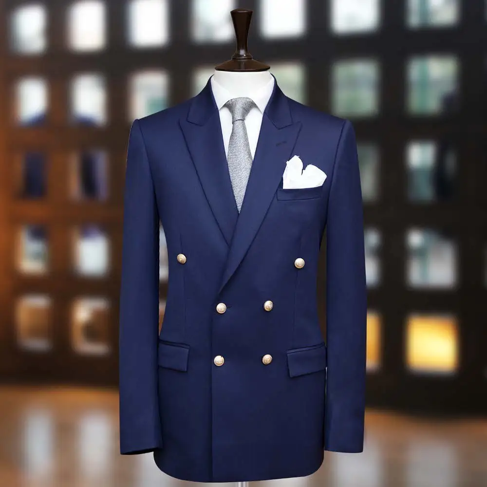 MTM New Fashion Dark Blue Worsted Fabric Double Breasted Shawl Lapel Double Welt Pocket Men Blazer Jacket Business Men's Suit