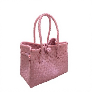 Eco Friendly Handmade Pink Woven <b>Plastic</b> Tote <b>Bag</b> Custom Summer <b>Beach</b> Shoulder Shopping Basket Handbag For Women Daily Wholesale - Product Image 1