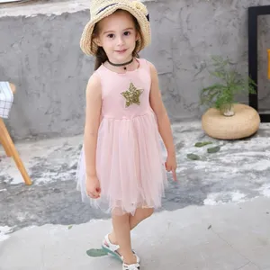 Großhandel 2024 Sommer Pailletten rosa Tülle Spitzen pantoffeln Kleid Mode Kinder Mädchen gestrickte Prinzessinnenkleider