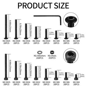 Jeu de vis M2.5, 840 pièces, vis hexagonales, écrous, rondelles, combinaison pour équipement sportif, qualité A 12.9, acier oxydé noir - Product Image 3