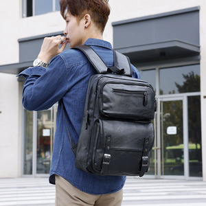 Sac à dos décontracté en PU pour homme avec design à panneaux élégant, sac à ordinateur portable de voyage tendance de grande capacité en stock - Product Image 4
