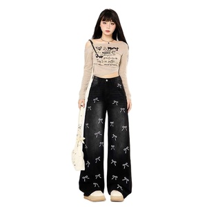 <span class=keywords><strong>Jean</strong></span> pour <span class=keywords><strong>femme</strong></span> <span class=keywords><strong>noir</strong></span> à motif nœud, design unique, coupe ample et droite, style mode, pour début d'automne - Product Image 2