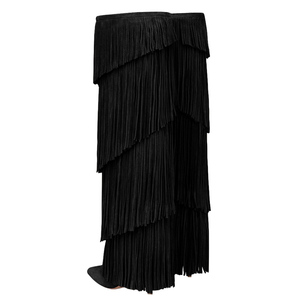 Big Size 46 Women High Slim Heels <b>Long</b> Booties Layers Tassels Suede Knee High Boots Pointed Toe Wide Fit Shoes - Product Image 4