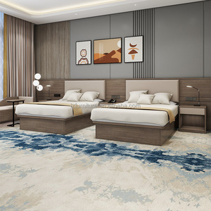 Modern 3 Star Hotel Twin Bedroom Furniture Set with Upholstered <b>Headboards</b> Wooden Platform Bed Frame Integrated And Nightstands - Product Image 6