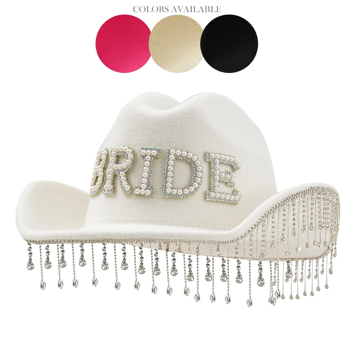 BRIDE Cowgirl Hat with Rhinestone Tassel & Pearl - Perfect 