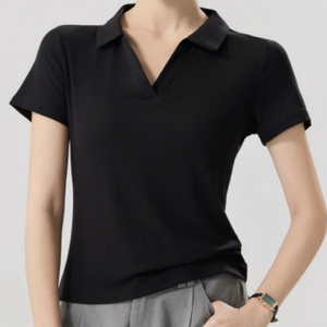 Camiseta Polo de Manga Corta de Punto de Color Sólido para Mujer, Informal, de Longitud Regular, con Cuello en V - Product Image 2