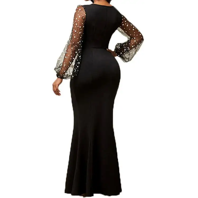 2021 Hot Style Damen Gaze Patchwork Hoch tailliertes Langarm kleid Pailletten Abendkleid Größe xxl