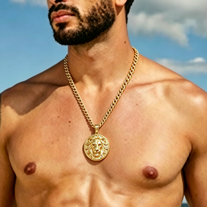 Pendentif Collier Homme Tête de Lion Rond Personnalisable en Acier Inoxydable 316L Plaqué Or 18K avec Chaîne Épaisse Torsadée - Product Image 1